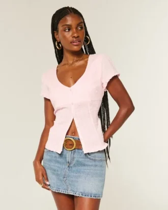 Camisa de manga corta con textura de popelín elástico