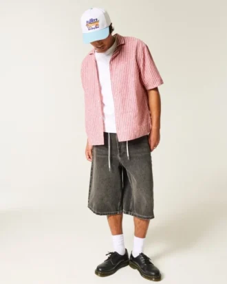 Camisa de manga corta y corte recto de mezcla de lino Camisa de manga corta y corte recto de mezcla de lino