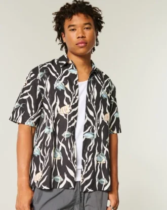 Camisa de mezcla de lino con estampado de peces tropicales