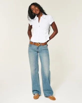 Camisa elástica de popelín con botones y manga corta Camisa elástica de popelín con botones y manga corta