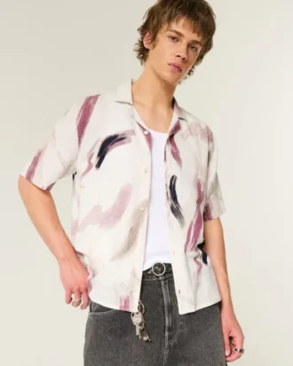 Camisa estampada de manga corta con mezcla de lino