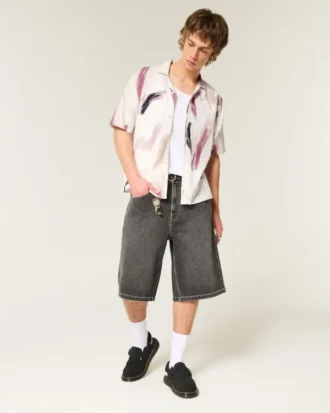 Camisa estampada de manga corta con mezcla de lino