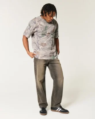 Camiseta de manga corta con estampado de camuflaje, corte recto y tejido grueso