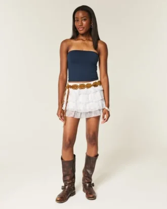 Falda pantalón mini de gasa con volantes