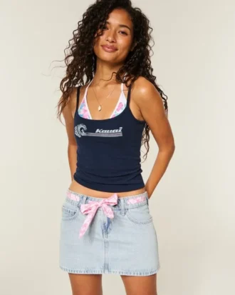 Mini falda pantalón vaquera con cintura baja y lazo