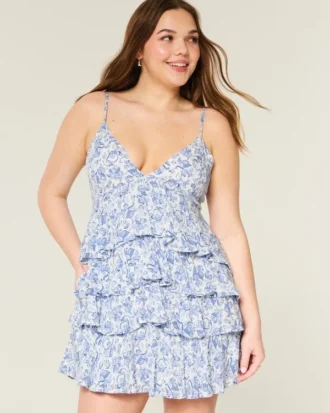 Minivestido babydoll con cuello en V y volantes