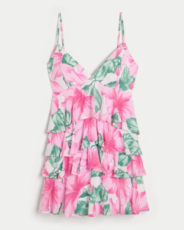 Minivestido babydoll con cuello en V y volantes Minivestido babydoll con cuello en V y volantes