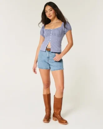 Pantalones cortos vaqueros holgados de talle alto y lavado medio 5″
