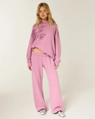 Pantalones de chándal anchos con estampado de rosas brillantes Pantalones de chándal anchos con estampado de rosas brillantes