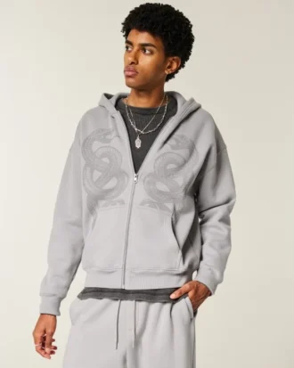 Sudadera con capucha, cremallera y estampado de dos serpientes