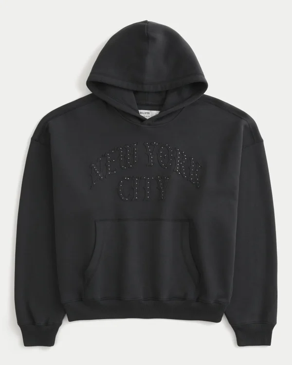 Sudadera con capucha holgada con tachuelas y estampado de Nueva York Sudadera con capucha holgada con tachuelas y estampado de Nueva York