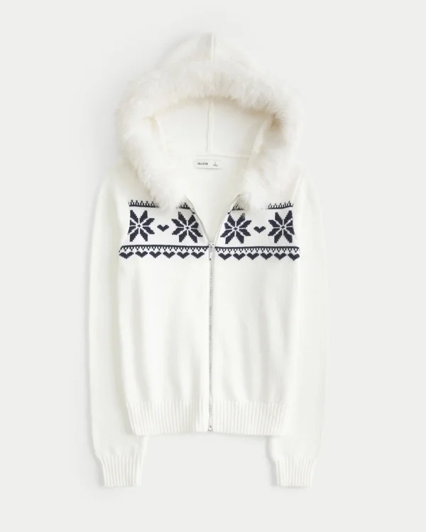 Sudadera con capucha, ribete de pelo sintético y cremallera Fair Isle Sudadera con capucha, ribete de pelo sintético y cremallera Fair Isle