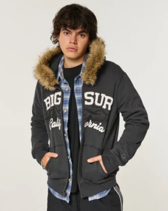 Sudadera con capucha y cremallera con ribete de pelo sintético y gráfico Big Sur