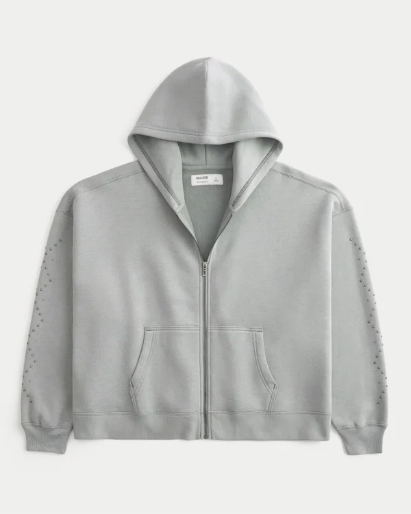 Sudadera con capucha y cremallera con tachuelas y corte recto Sudadera con capucha y cremallera con tachuelas y corte recto