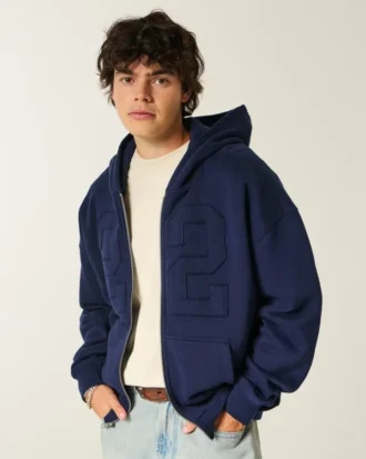 Sudadera con capucha y cremallera cuadrada con gráfico numérico