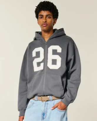 Sudadera con capucha y cremallera cuadrada con gráfico numérico Sudadera con capucha y cremallera cuadrada con gráfico numérico