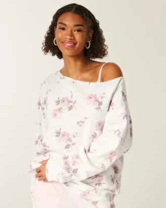 Sudadera oversize con estampado floral y lazo, con hombros descubiertos Sudadera oversize con estampado floral y lazo, con hombros descubiertos