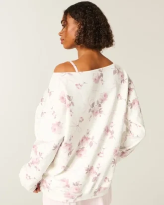 Sudadera oversize con estampado floral y lazo, con hombros descubiertos Sudadera oversize con estampado floral y lazo, con hombros descubiertos