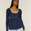 Top babydoll de manga larga con cuello Henley