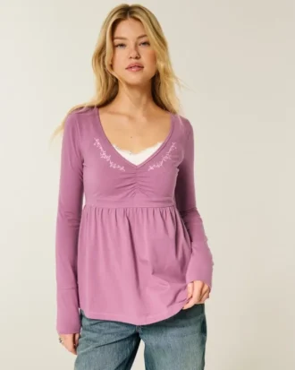 Top babydoll de manga larga con pinzas en el pecho