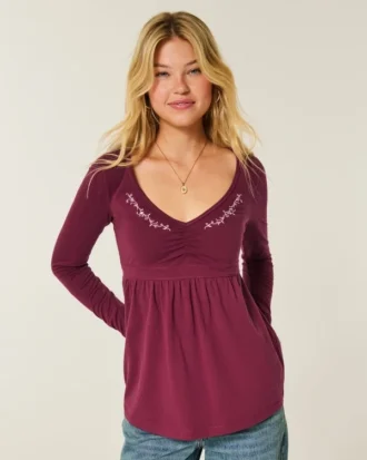 Top babydoll de manga larga con pinzas en el pecho