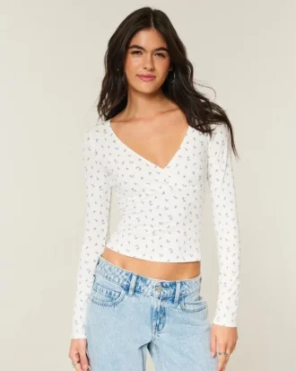 Top cruzado de manga larga con cuello en V Top cruzado de manga larga con cuello en V