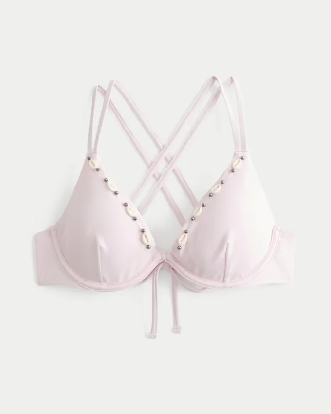 Top de bikini con aros, tirantes cruzados en la espalda y adornos de conchas Top de bikini con aros, tirantes cruzados en la espalda y adornos de conchas