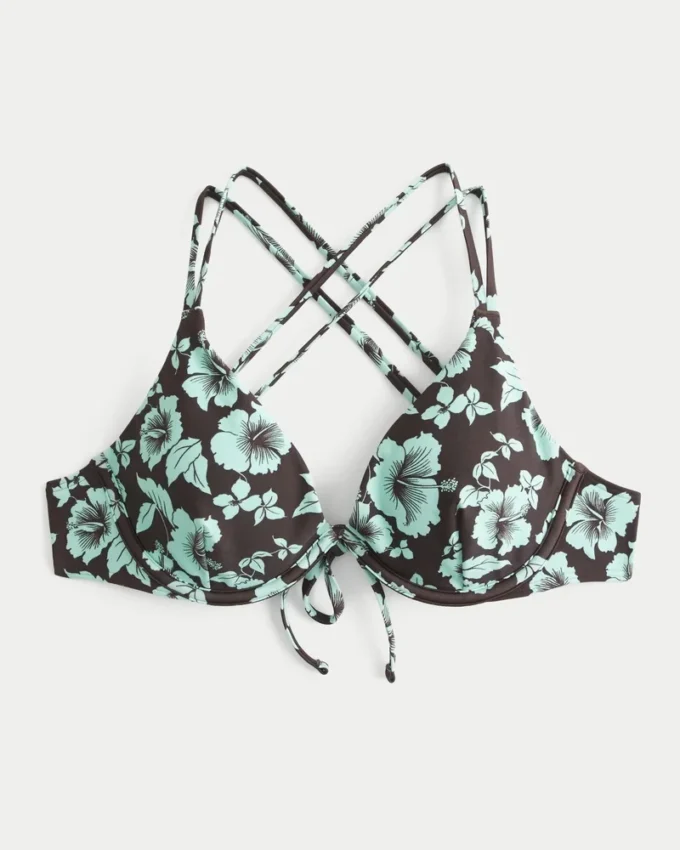 Top de bikini con aros, tirantes cruzados en la espalda y estampado floral Top de bikini con aros, tirantes cruzados en la espalda y estampado floral