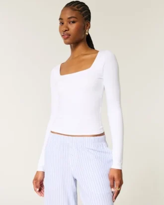 Top de cuello cuadrado de tejido elástico suave sin costuras