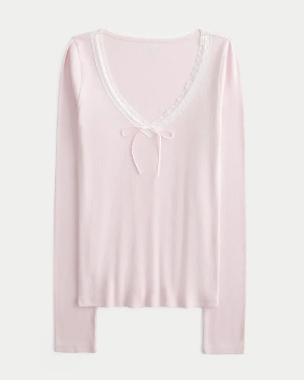 Top de manga larga con ribete de encaje Top de manga larga con ribete de encaje