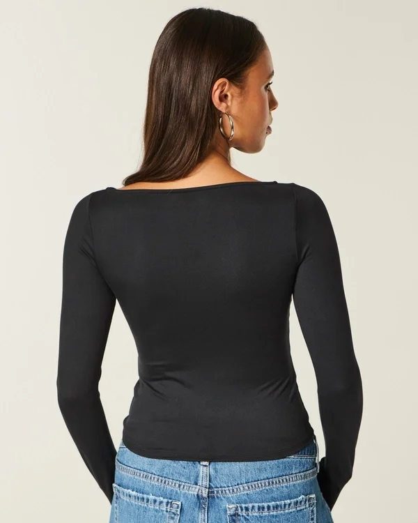 Top de manga larga sin costuras con cuello en V Top de manga larga sin costuras con cuello en V