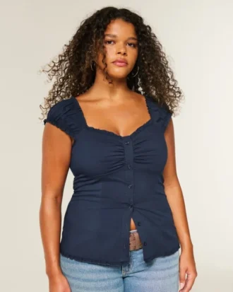 Top de popelín elástico de manga corta Top de popelín elástico de manga corta