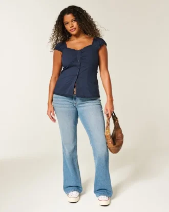 Top de popelín elástico de manga corta Top de popelín elástico de manga corta