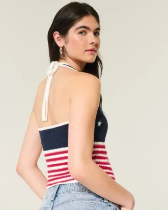 Top halter estilo crochet con estampado de bandera estadounidense