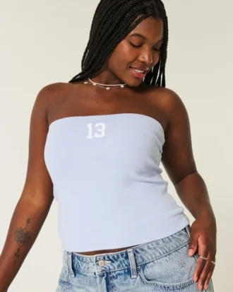 Top sin tirantes con estampado gráfico y ribete acanalado Top sin tirantes con estampado gráfico y ribete acanalado