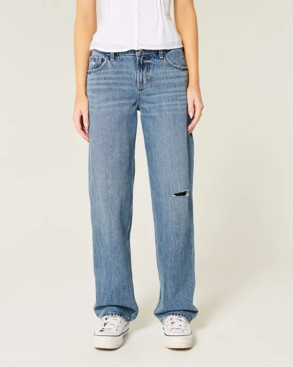 Vaqueros holgados de talle bajo, lavado medio y rotos Vaqueros holgados de talle bajo, lavado medio y rotos