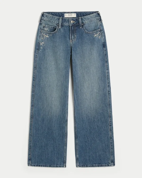 Vaqueros holgados de talle bajo, lavado oscuro y bordado floral Vaqueros holgados de talle bajo, lavado oscuro y bordado floral