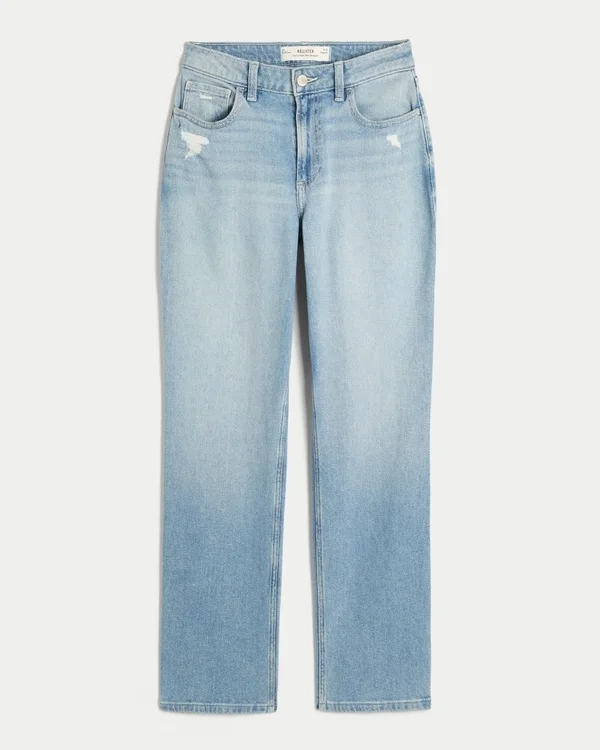 Vaqueros rectos de talle alto con efecto desgastado y lavado claro Vaqueros rectos de talle alto con efecto desgastado y lavado claro