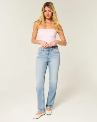 Vaqueros rectos de talle alto y lavado claro desgastado