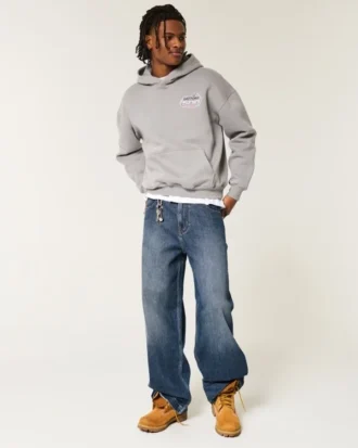 Vaqueros superbaggy con logotipo bordado en lavado oscuro