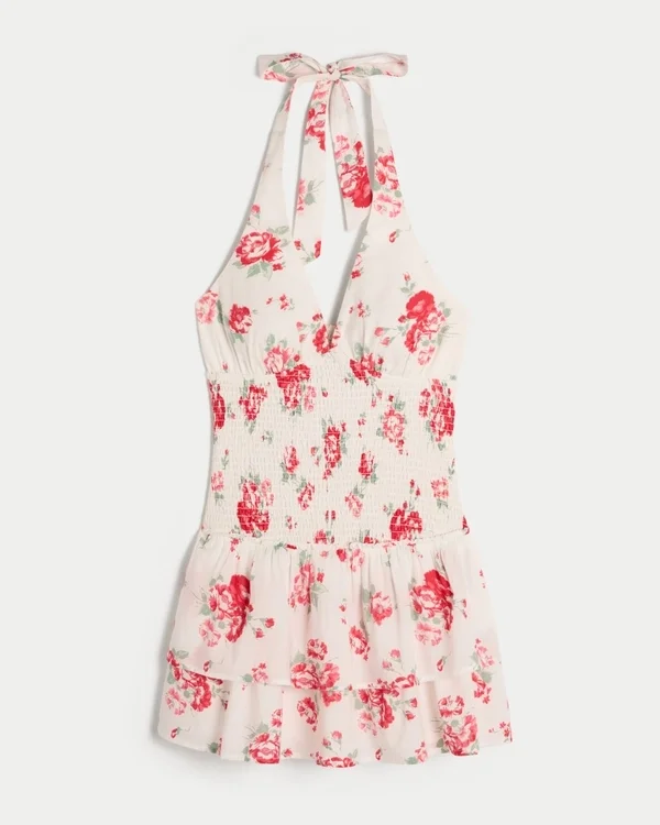 Vestido falda pantalón con escote halter y doble fruncido Vestido falda pantalón con escote halter y doble fruncido