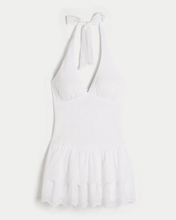 Vestido falda pantalón con escote halter y doble fruncido Vestido falda pantalón con escote halter y doble fruncido