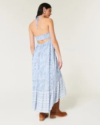 Vestido largo asimétrico con cuello halter