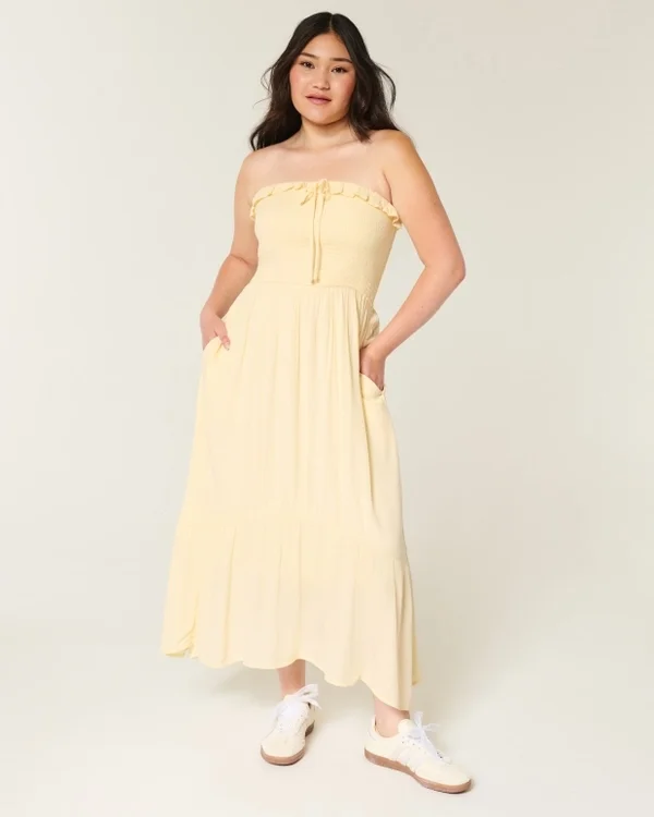 Vestido largo sin tirantes con fruncidos Vestido largo sin tirantes con fruncidos