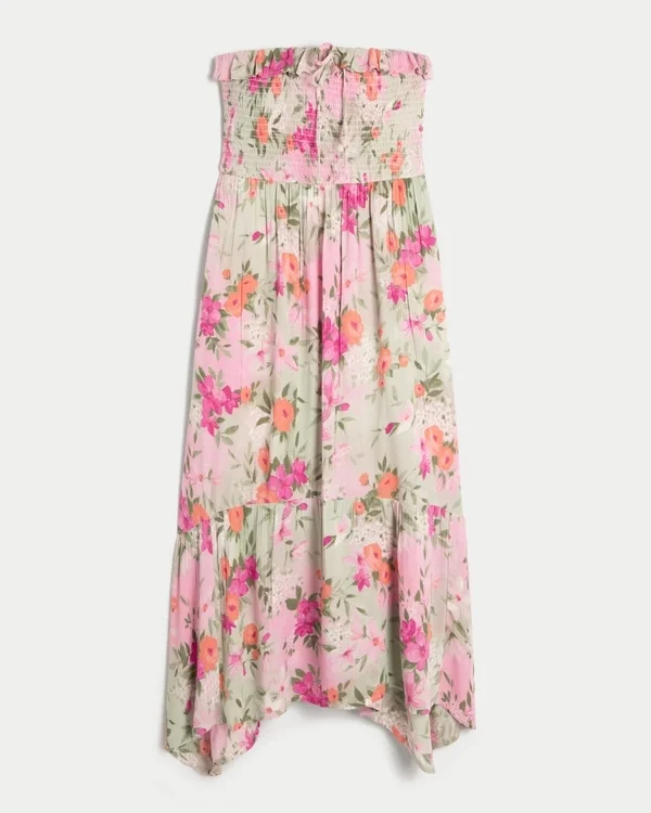 Vestido largo sin tirantes con fruncidos Vestido largo sin tirantes con fruncidos