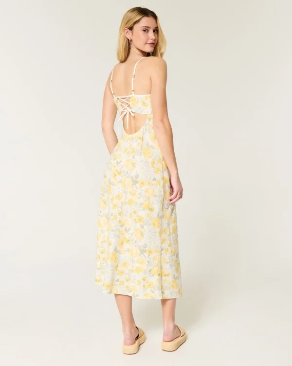 Vestido midi con espalda abierta y mezcla de lino Vestido midi con espalda abierta y mezcla de lino